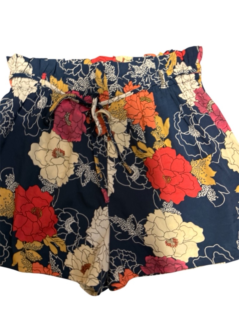 High-Waist Floral Drawstring Shorts - Navy Multicolor